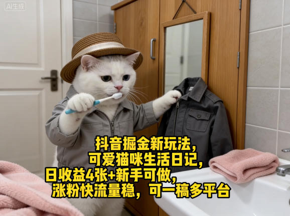 抖音掘金新玩法，可爱猫咪生活日记，日收益4张+新手可做，涨粉快流量稳，可一稿多平台-明楼资源站