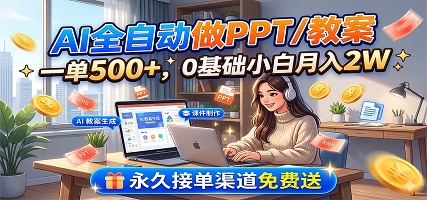 AI全自动做PPT/教案，一单500+，0基础小白月入2W，永久接单渠道免费送-明楼资源站