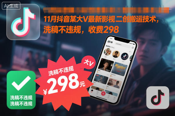11月抖音某大V最新影视二创搬运技术，洗稿不违规，收费298-明楼资源站