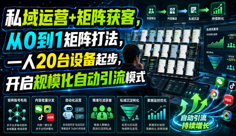私域运营+矩阵获客，从0到1矩阵打法，一人20台设备起步，开启规模化自动引流模式！-明楼资源站