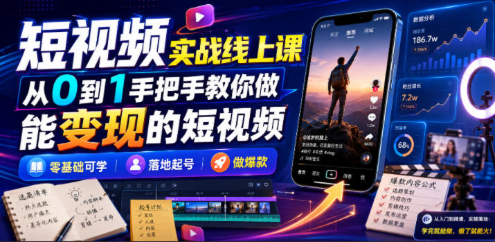 短视频实战线上课，从0到1手把手教你做能变现的短视频，零基础可学，落地起号做爆款-明楼资源站