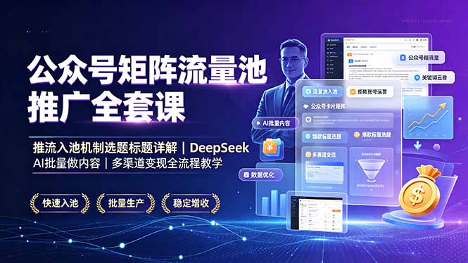 公众号矩阵流量池推广全套课，推流入池机制选题标题详解，DeepSeek AI批量做内容，多渠道变现全流程教学-明楼资源站