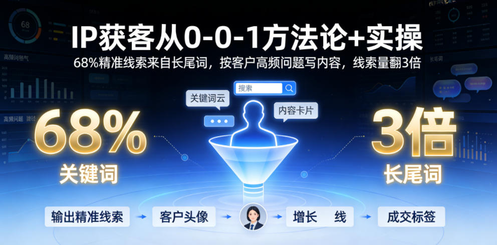 IP获客从0-1方法论+实操，68%精准线索来自长尾词，按客户高频问题写内容，线索量翻3倍-明楼资源站