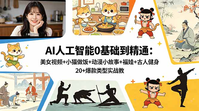 AI人工智能0基础到精通：美女视频+小猫做饭+动漫小故事+福娃+古人健身，20+爆款类型实战教学-明楼资源站