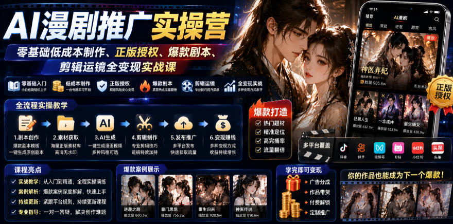AI漫剧推广实操营｜零基础低成本制作、正版授权、爆款剧本、剪辑运镜全变现实战课-明楼资源站