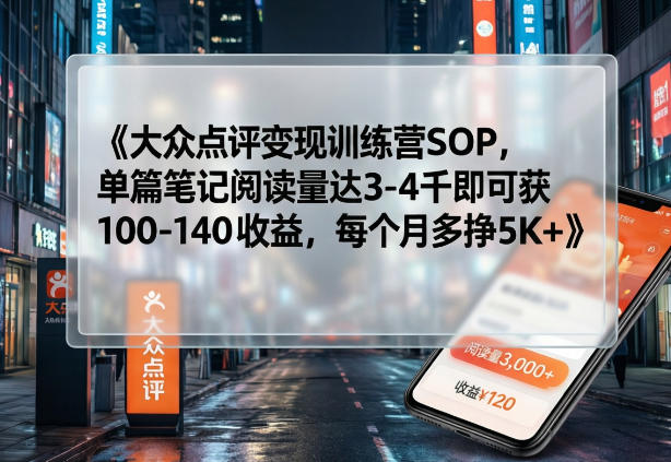 大众点评变现训练营SOP，单篇笔记阅读量达3-4千即可获100-140收益，每个月多挣5K+-明楼资源站