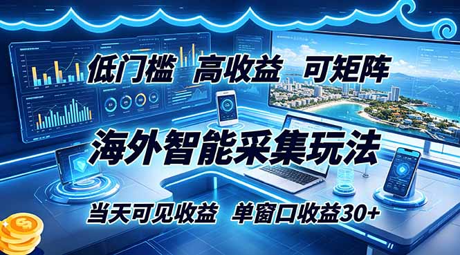 海外智能采集玩法，低门槛高单价可矩阵，当天可见收益，单窗口30+-明楼资源站