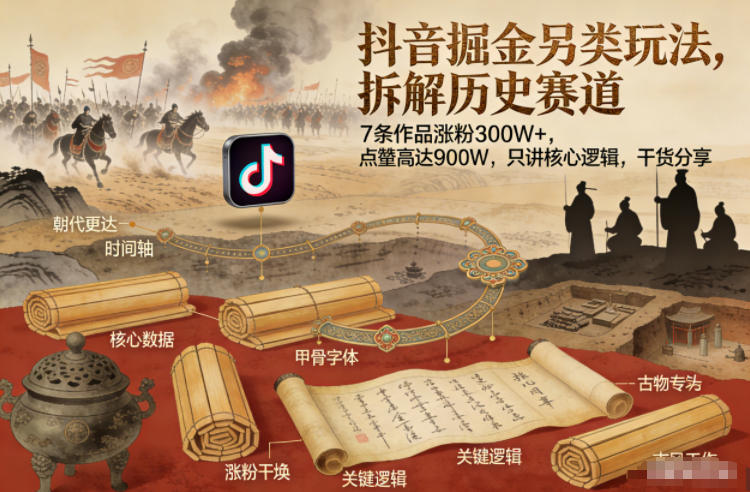 抖音掘金另类玩法，拆解历史赛道，7条作品涨粉300W+，点赞量高达900W，只讲核心逻辑，干货分享-明楼资源站