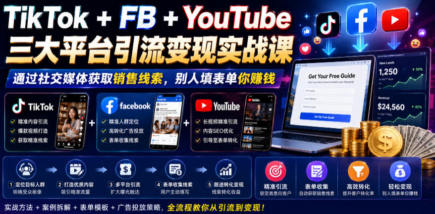 TikTok+FB+YouTube三大平台引流变现实战课，通过社交媒体获取销售线索，别人填表单你賺钱【原创双语字幕】-明楼资源站