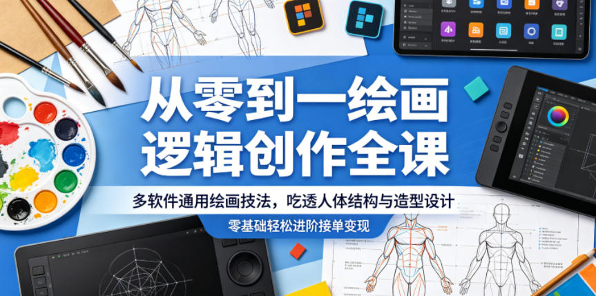 从零到一绘画逻辑创作全课，多软件通用绘画技法，吃透人体结构与造型设计，零基础轻松进阶接单变现-明楼资源站