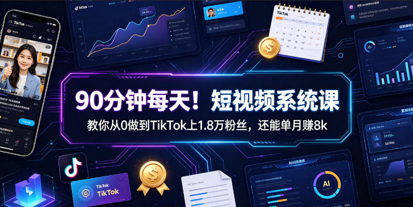 90分钟每天！短视频系统课教你从0做到TikTok上1.8万粉丝，还能单月賺8k【原创双语字幕】-明楼资源站