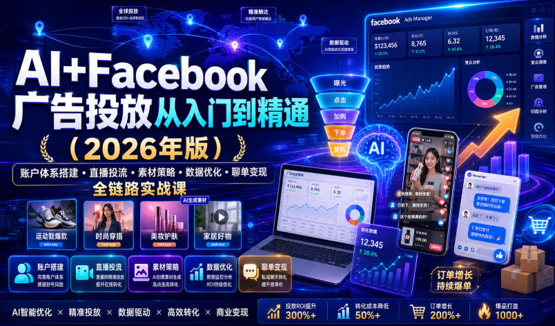 AI+Facebook广告投放从入门到精通(2026年版)｜账户体系搭建・直播投流・素材策略・数据优化・聊单变现全链路实战课-明楼资源站