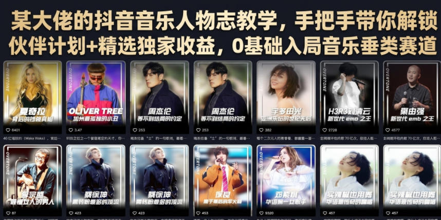某大佬的抖音音乐人物志教学，手把手带你解锁伙伴计划+精选独家收益，0基础入局音乐垂类赛道-明楼资源站