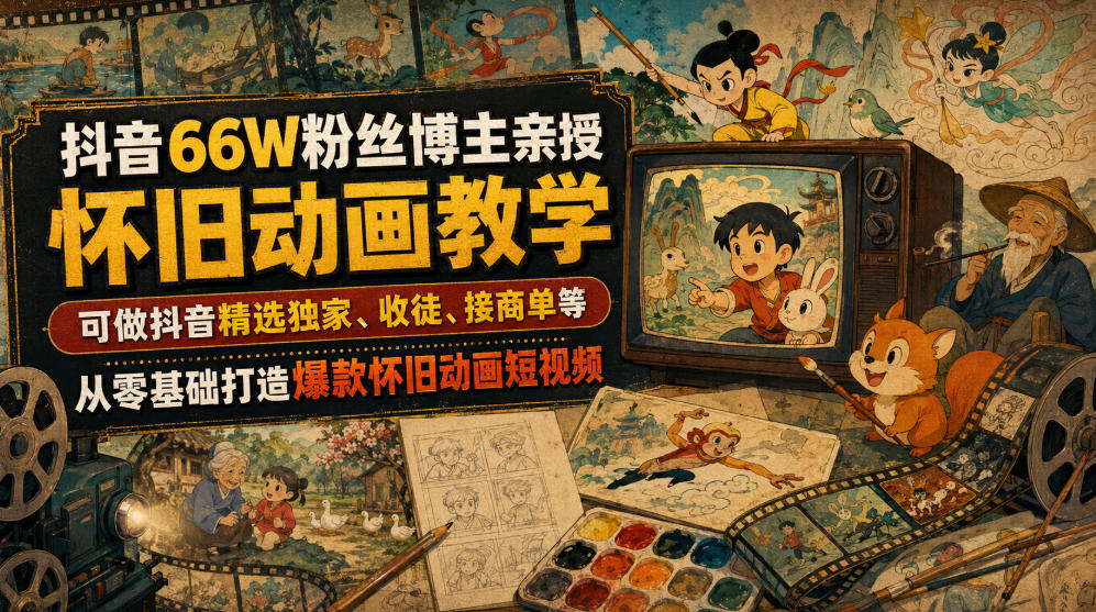 抖音66W粉丝博主亲授怀旧动画教学，可做抖音精选独家、收徒、接商单等，从零基础打造爆款怀旧动画短视频-明楼资源站