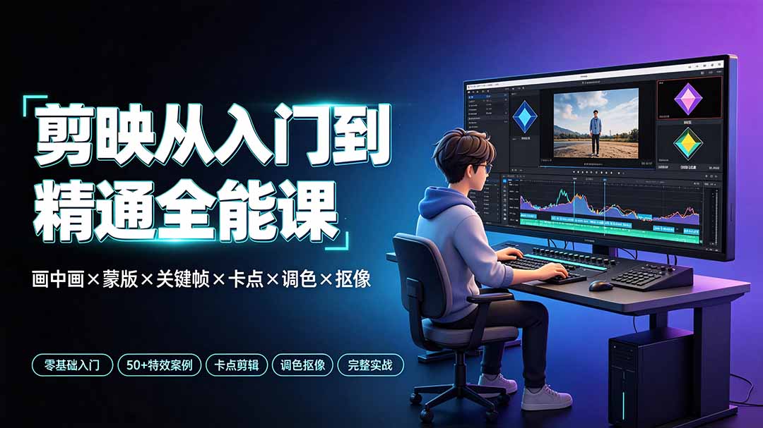 剪映从入门到精通全能课：画中画×蒙版×关键帧×卡点×调色×抠像，一站式掌握剪辑核心技能-明楼资源站
