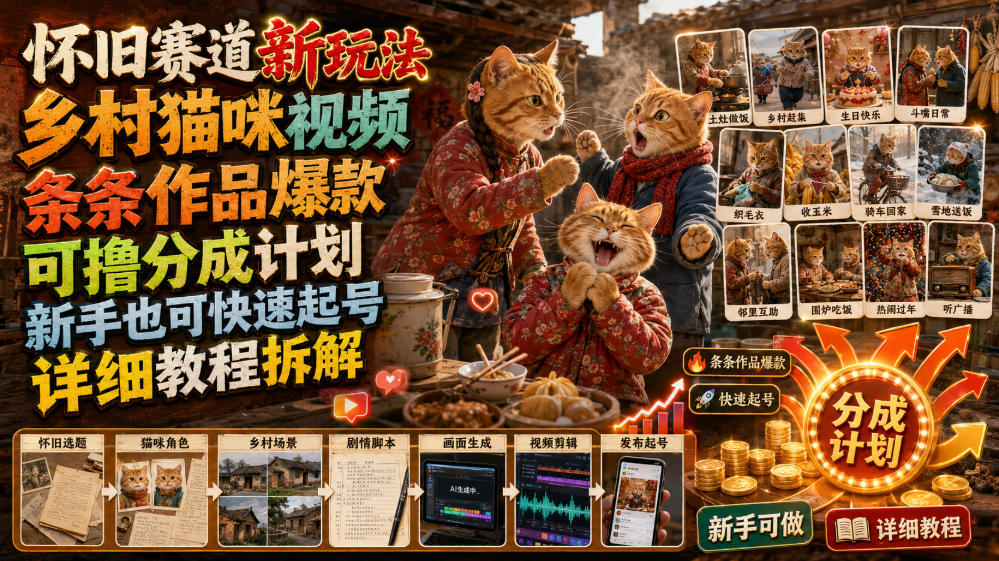 怀旧赛道新玩法，乡村猫咪视频，条条作品爆款，可撸分成计划，新手也可快速起号，详细教程拆解-明楼资源站