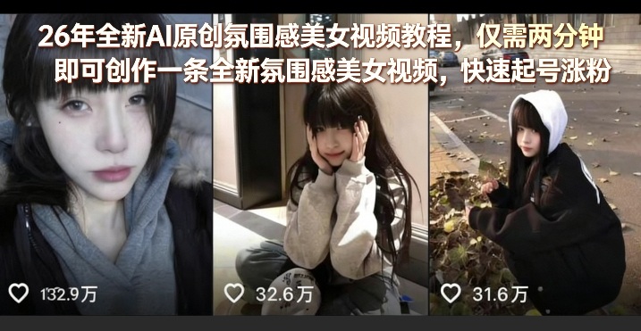 26年全新AI原创氛围感美女视频教程，仅需两分钟即可创作一条全新氛围感美女视频，快速起号涨粉-明楼资源站