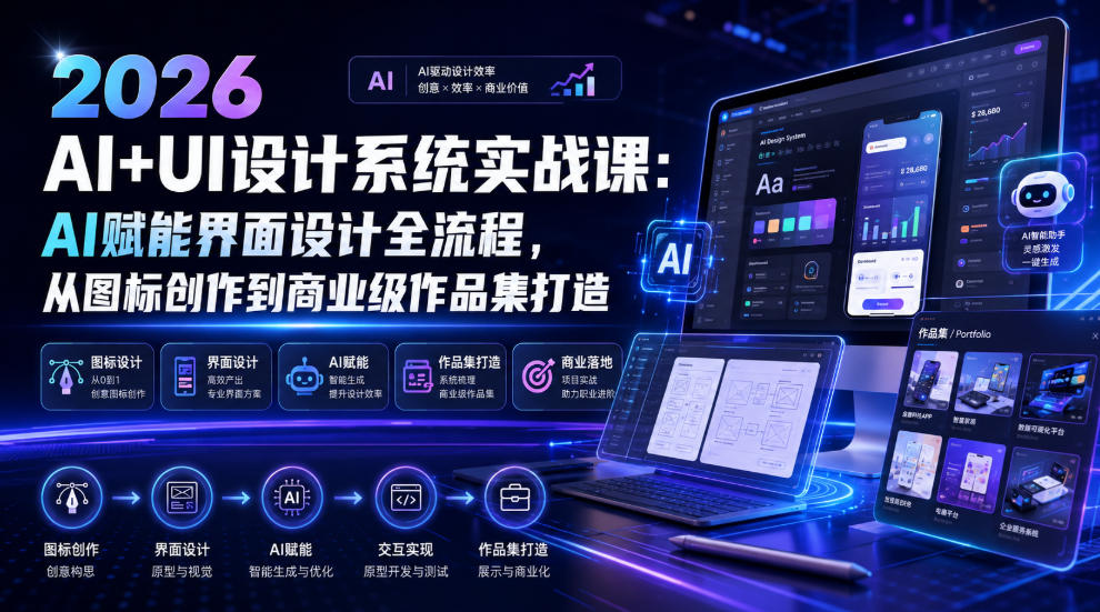 2026 AI+UI设计系统实战课：AI赋能界面设计全流程，从图标创作到商业级作品集打造-明楼资源站
