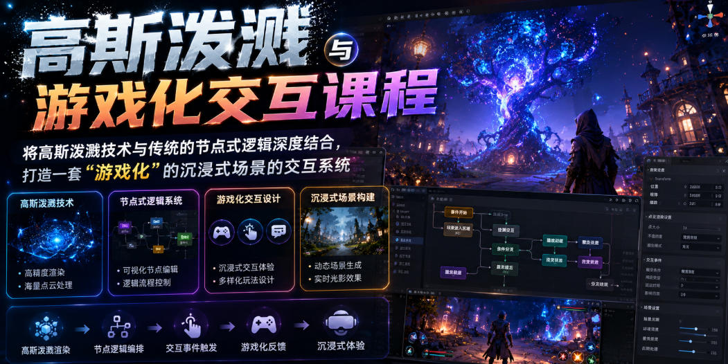 高斯泼溅与游戏化交互课程，将高斯泼溅技术与传统的节点式逻辑深度结合，打造一套“游戏化”的沉浸式场景的交互系统-明楼资源站