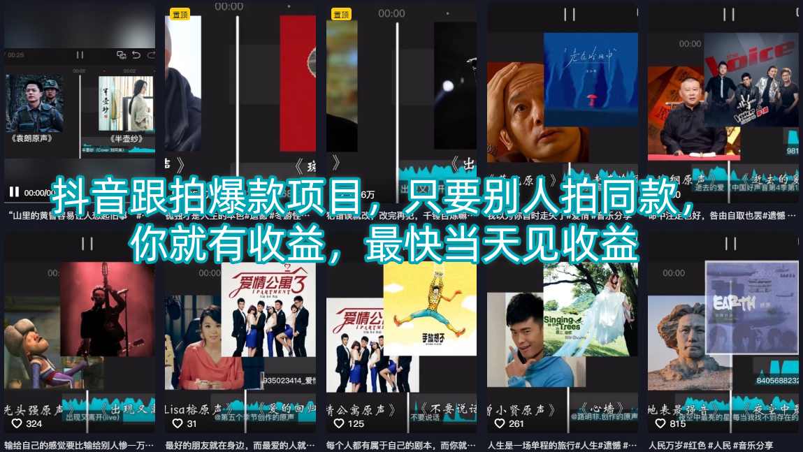 抖音跟拍爆款项目，只要别人拍同款，你就有收益，最快当天见收益-明楼资源站