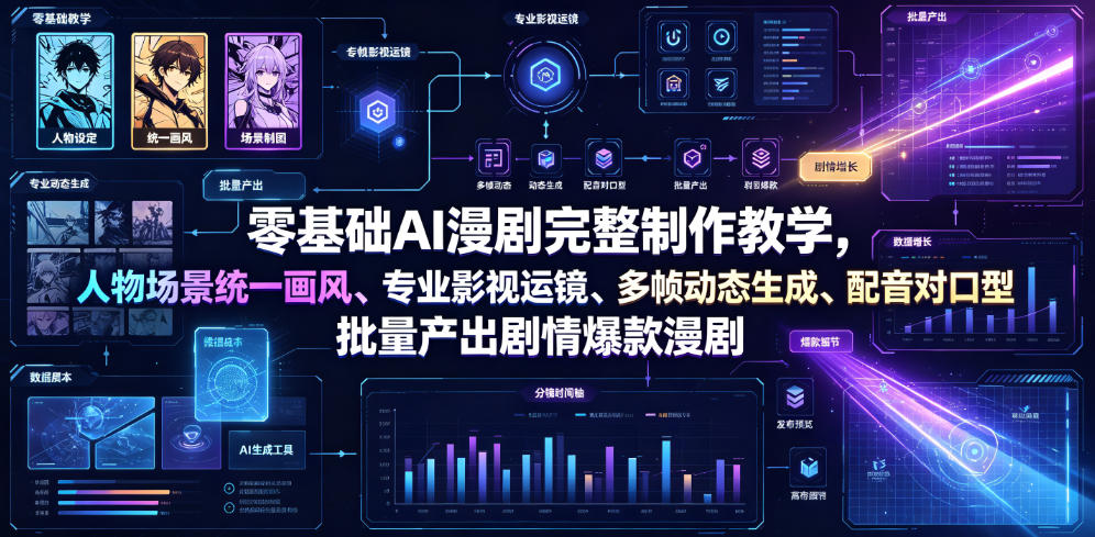 零基础AI漫剧完整制作教学，人物场景统一画风、专业影视运镜、多帧动态生成、配音对口型，批量产出剧情爆款漫剧-明楼资源站