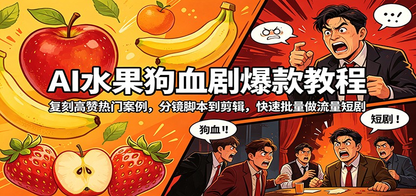 AI水果狗血剧爆款教程：复刻高赞热门案例，分镜脚本到剪辑，快速批量做流量短剧-明楼资源站