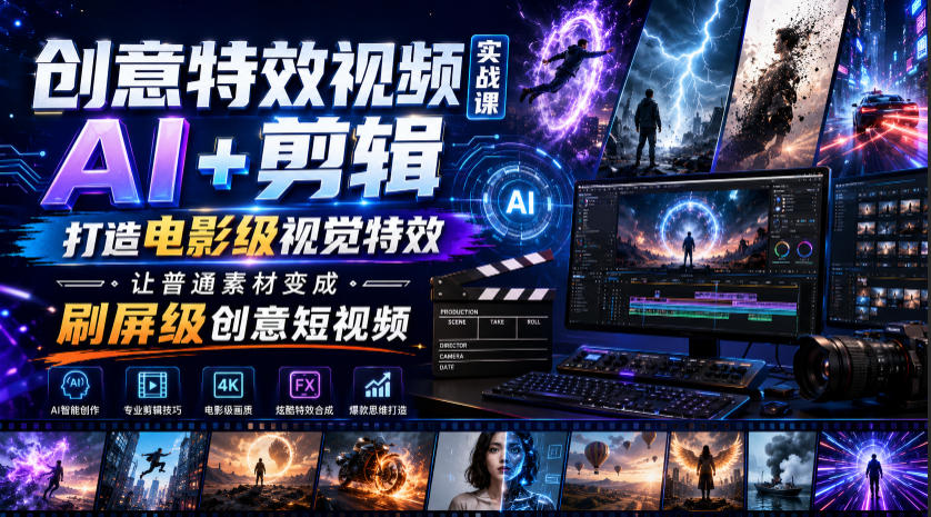 创意特效视频实战课，AI+剪辑打造电影级视觉特效，让普通素材变成刷屏级创意短视频-明楼资源站