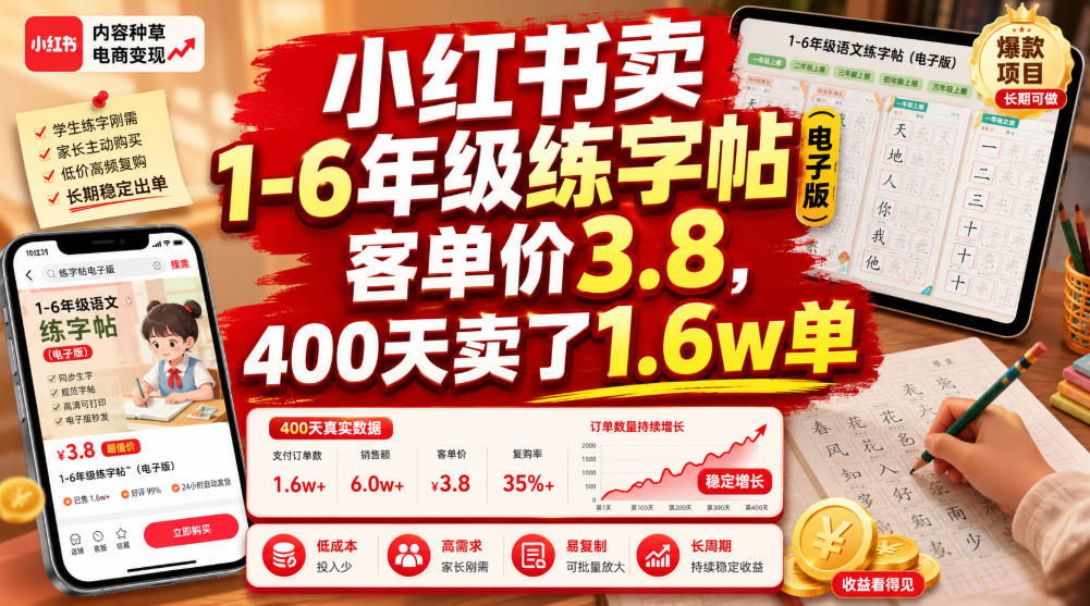 小红书卖1-6年级练字帖(电子版)，客单价3.8，400天卖了1.6w单-明楼资源站