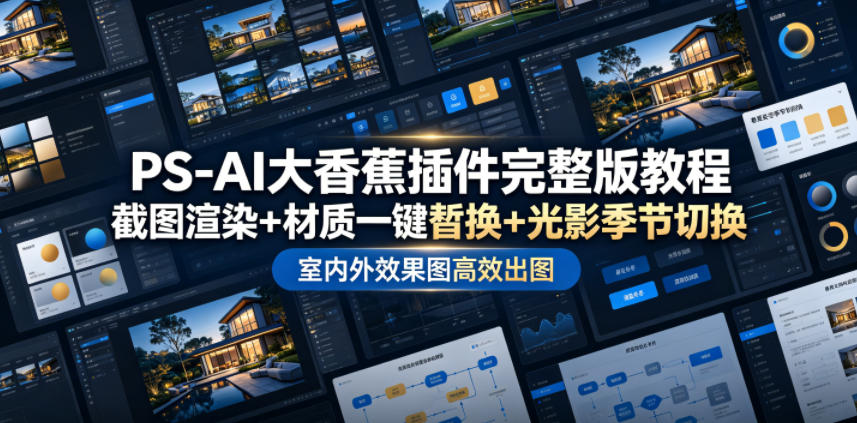PS-AI大香蕉插件完整版教程，截图渲染+材质一键替换+光影季节切换，室内外效果图高效出图高阶课程-明楼资源站