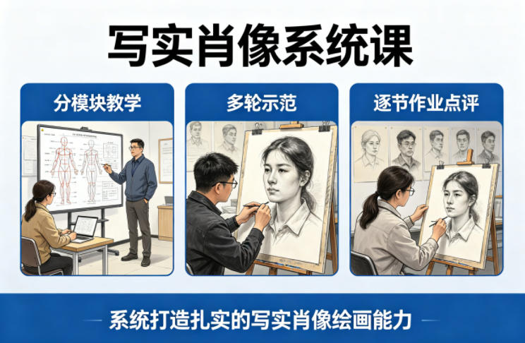 写实肖像系统课，全程分模块教学+多轮示范+逐节作业点评，系统打造扎实的写实肖像绘画能力-明楼资源站