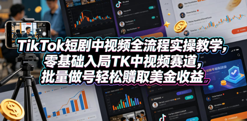 TikTok短剧中视频全流程实操教学，零基础入局TK中视频赛道，批量做号轻松賺取美金收益-明楼资源站