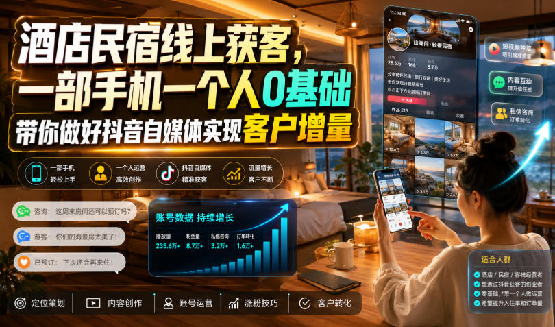 酒店民宿线上获客，一部手机一个人0基础带你做好抖音自媒体实现客户增量-明楼资源站