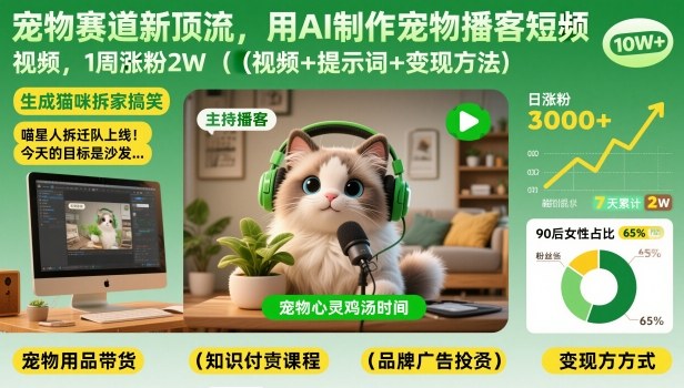 宠物赛道新顶流，用AI制作宠物播客短视频，1周涨粉2W(视频+提示词+变现方法)-明楼资源站