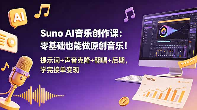Suno AI音乐创作课：零基础也能做原创音乐！提示词+声音克隆+翻唱+后期，学完接单变现-明楼资源站