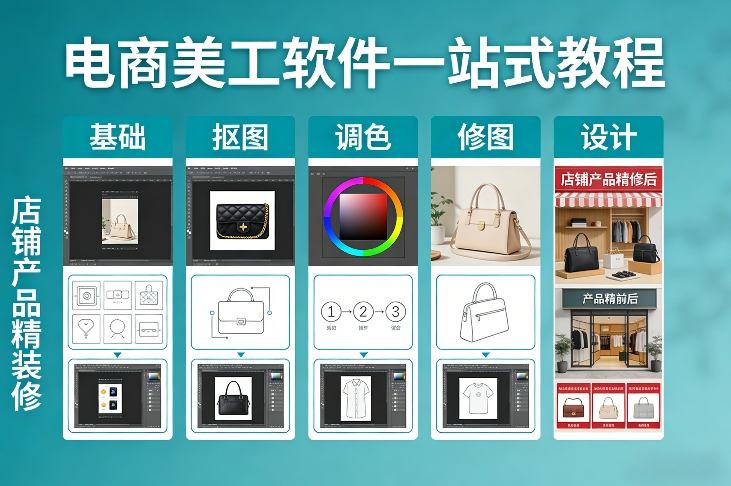 电商美工软件一站式教程，基础/抠图/调色/修图/设计，店铺产品精装修-明楼资源站