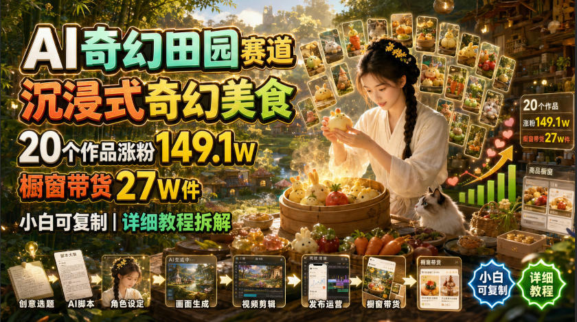 AI奇幻田园赛道，沉浸式奇幻美食，20个作品涨粉149.1W，橱窗带货27W件，小白可复制，详细教程拆解-明楼资源站