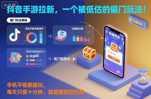 抖音手游拉新，一个被低估的偏门玩法！手机平板都能玩，每天只需十分钟，就能賺取四位数【揭秘】-明楼资源站