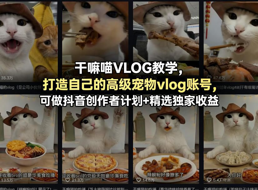 干嘛喵VLOG教学，打造自己的高级宠物vlog账号，可做抖音创作者计划+精选独家收益-明楼资源站