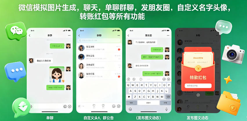 微信模拟图片生成，聊天，单聊群聊，发朋友圈，自定义名字头像，转账红包等所有功能都可以生成-明楼资源站