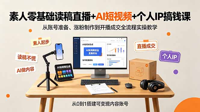 素人零基础读稿直播+AI短视频+个人IP搞钱课，从账号准备、涨粉制作到开播成交全流程实操教学-明楼资源站