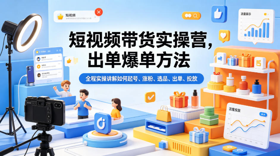 短视频带货实操营，出单爆单方法，全程实操讲解如何起号、涨粉、选品、出单、投放-明楼资源站