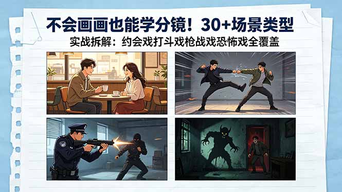 不会画画也能学分镜！30+场景类型实战拆解：约会戏打斗戏枪战戏恐怖戏全覆盖-明楼资源站