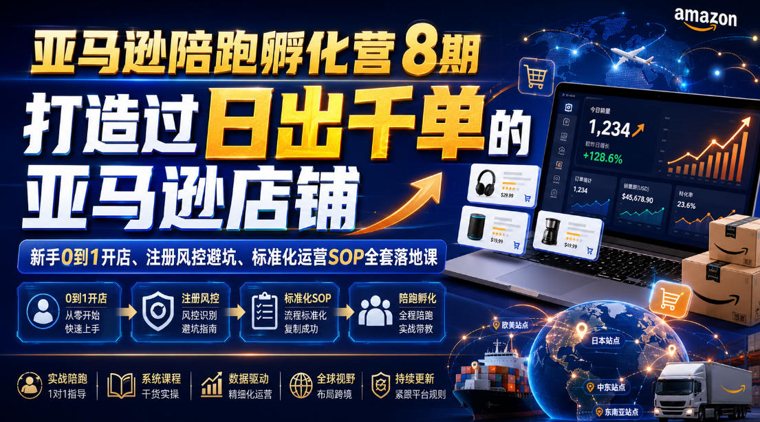 亚马逊陪跑孵化营8期，打造过日出千单的亚马逊店铺，新手0到1开店、注册风控避坑、标准化运营SOP全套落地课-明楼资源站