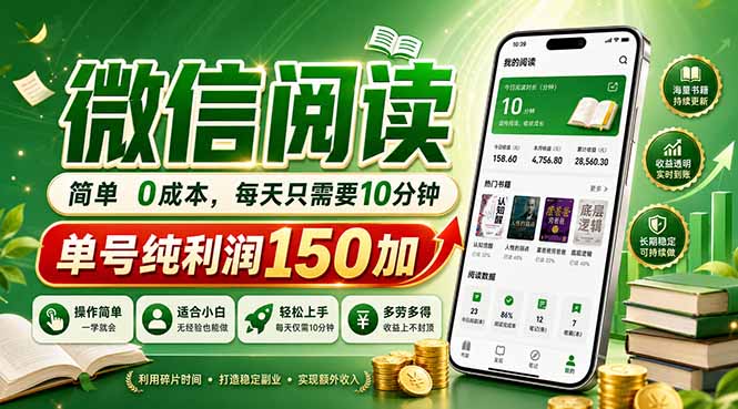 最新微信阅读，每日10分钟，单号利润150+，可批量放大操作，简单0成本-明楼资源站