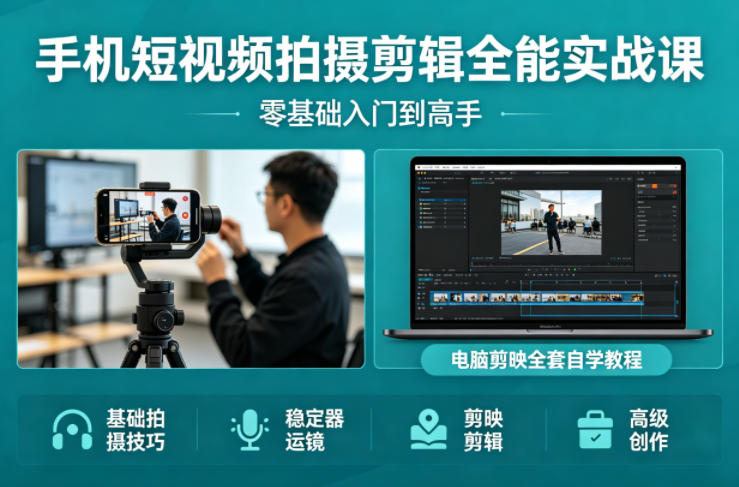 手机短视频拍摄剪辑全能实战课：零基础入门到高手，稳定器运镜+电脑剪映全套自学教程-明楼资源站