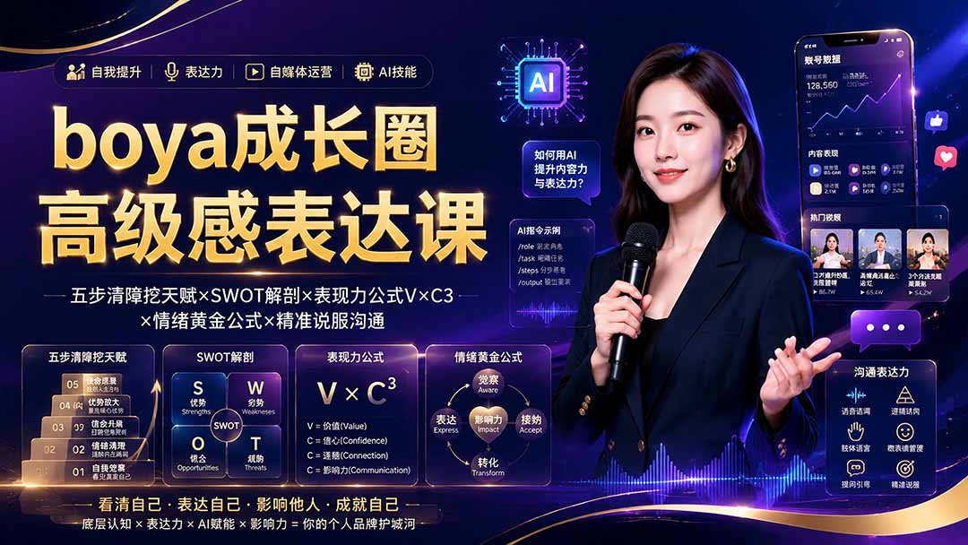 boya成长圈｜内心成长高级表达AI自媒体三合一，消解内耗挖掘天赋，镜头沟通AI指令短视频全流程教学-明楼资源站