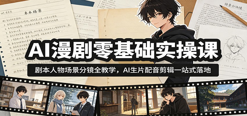 AI漫剧零基础实操课：剧本人物场景分镜全教学，AI生片配音剪辑一站式落地-明楼资源站