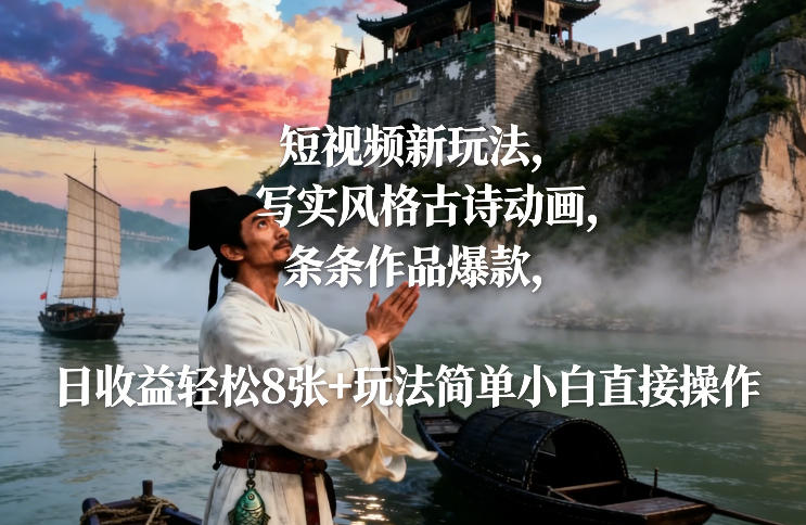短视频新玩法，写实风格古诗动画，条条作品爆款，日收益轻松8张+玩法简单小白直接操作-明楼资源站