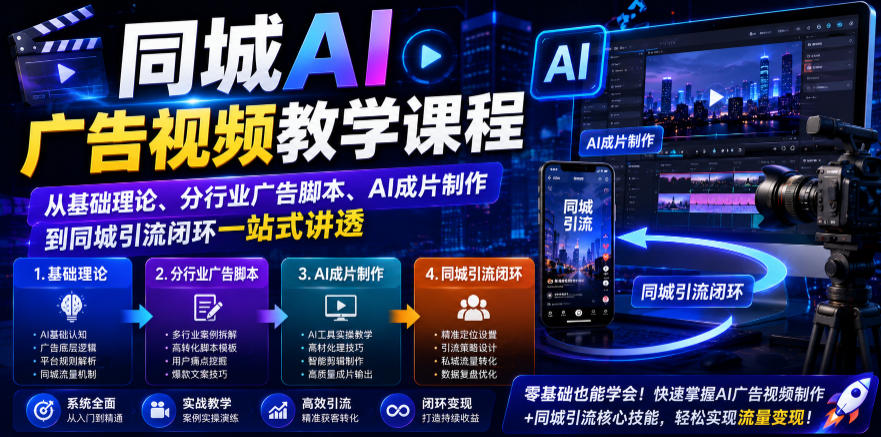 同城AI广告视频教学课程，从基础理论、分行业广告脚本、AI成片制作到同城引流闭环一站式讲透-明楼资源站