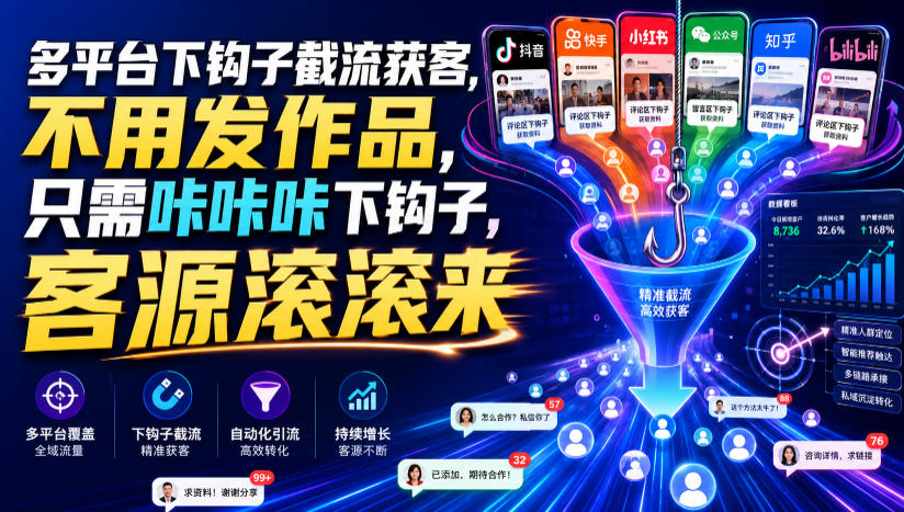 多平台下钩子截流获客，不用发作品，只需咔咔咔下钩子，客源滚滚来-明楼资源站